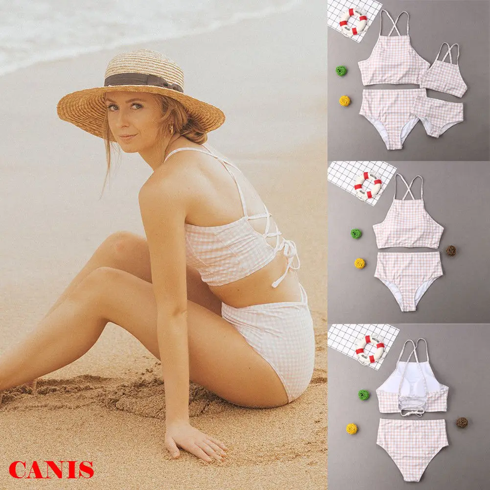 2019 Brand New Mother Daughter Swimsuit Family Matching Beachwear High Waist Swimwear Checked 2Pcs Sets Parent-Child | Мать и ребенок