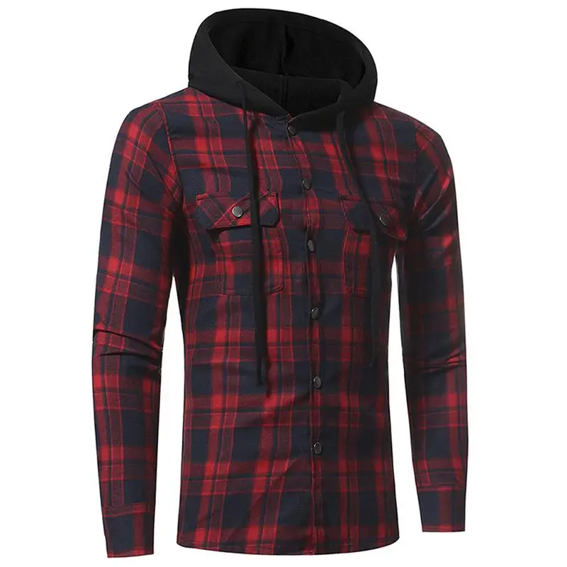 High Quality Leisure Men's Flannel Plaid Hooded Shirt Long-sleeved Double Pockets Casual Checked Pattern Red Green Navy Blue | Мужская