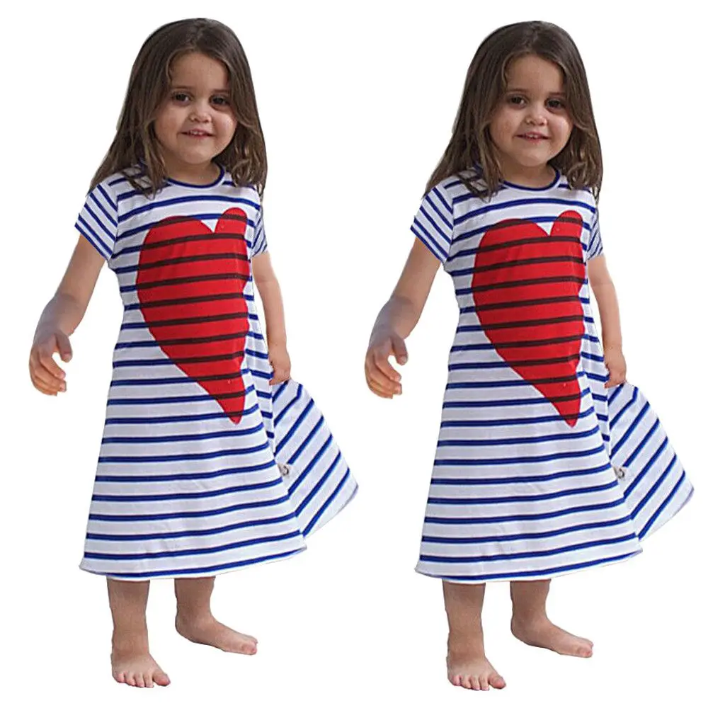 Toddler Kids Baby Girls Short Sleeve Summer Princess Stripe Cartoon Heart Long Dress Party Casual Clothes | Детская одежда и обувь