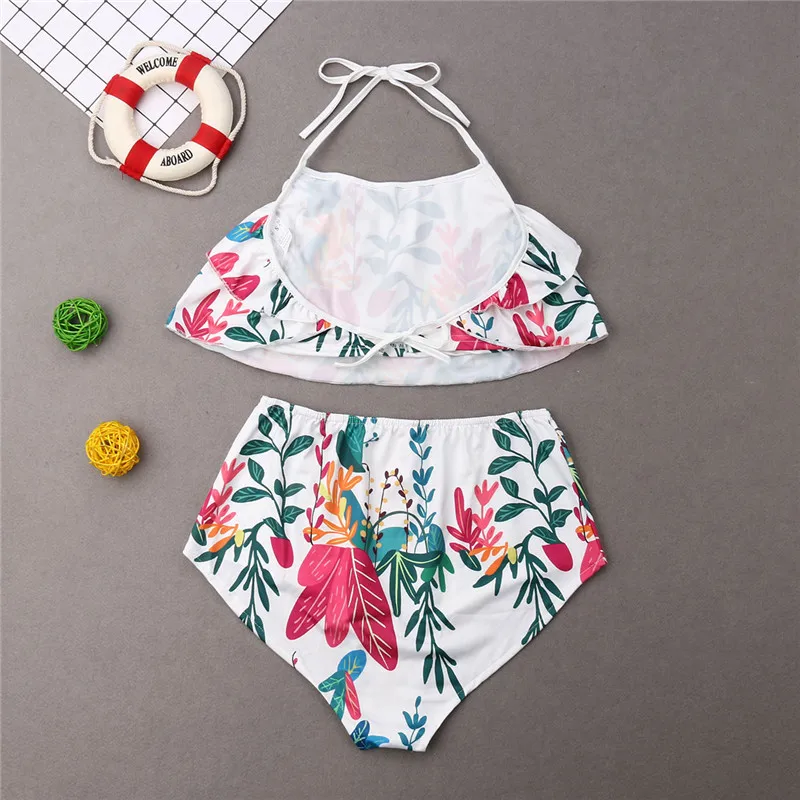 2019 Summer Family Matching Swimwear Women Kids Girls Sets Floral Sleeveless Halter Belt Ruffle Crop Tops High Waist Shorts 2Pcs | Мать и