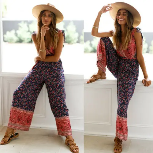 

Hirigin Women's Casual Printing Flower Slim Bandage Waist Bodysuit Long Trousers Jumpsuit