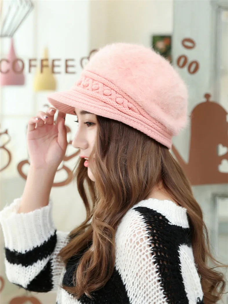 Korean Style Rabbit Fur Hats For Women Knitted Warm Winter Cap With Visor Peaked Caps Ladies Beanie | Аксессуары для одежды