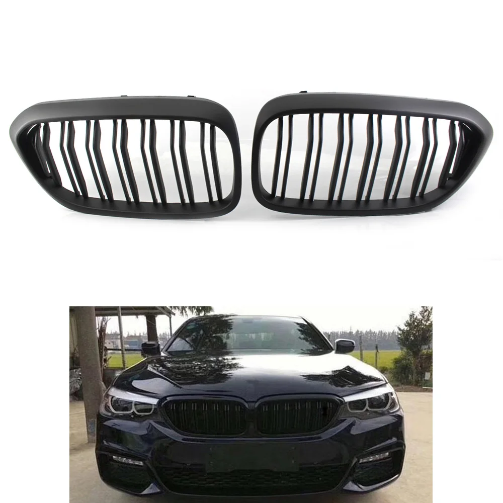 

2pcs Front Matte Black Double Slat Grille Grill Fit For BMW 5-Series G30 2017