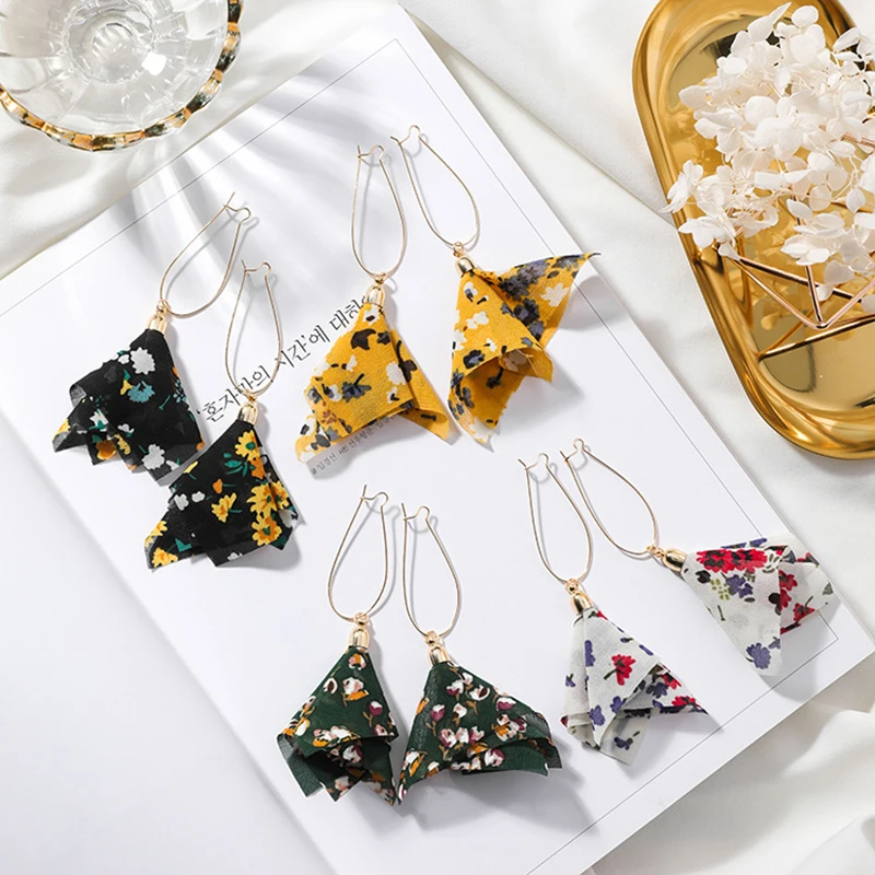 Женские шифоновые серьги кольца с кисточкой Anise многоцветные цветочные богемные