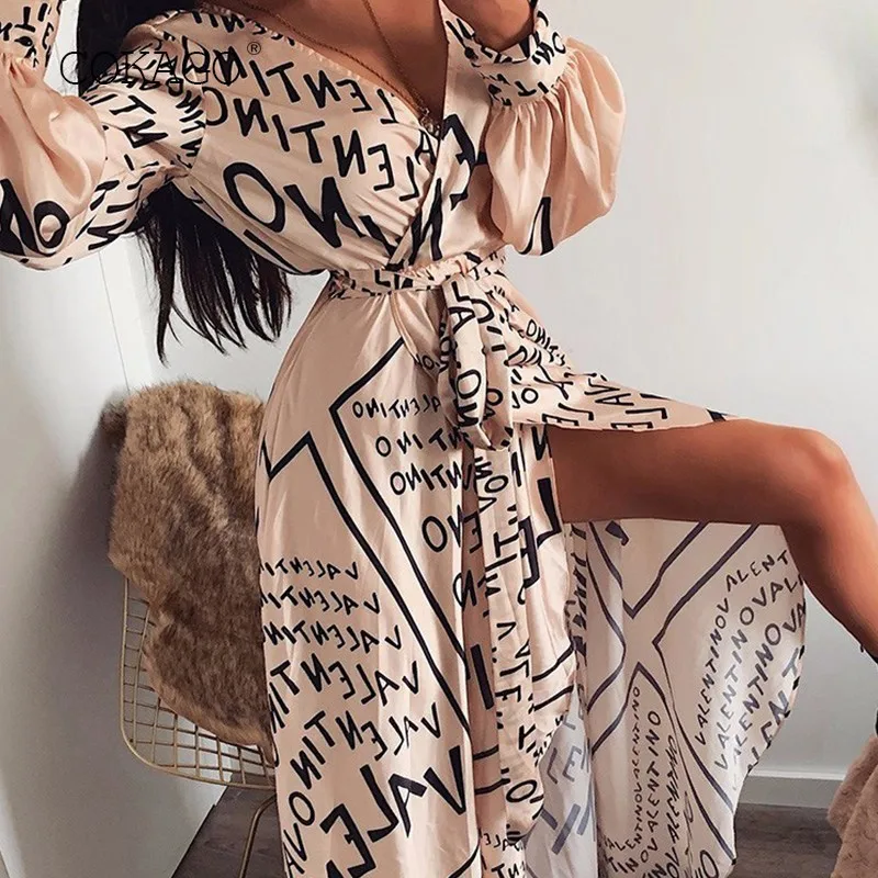 COKAGO Deep V Neck Long Dress With Belt Letter Print Sleeve Maxi Dresses For Woman High Split Plus Size Summer 2019 | Женская одежда