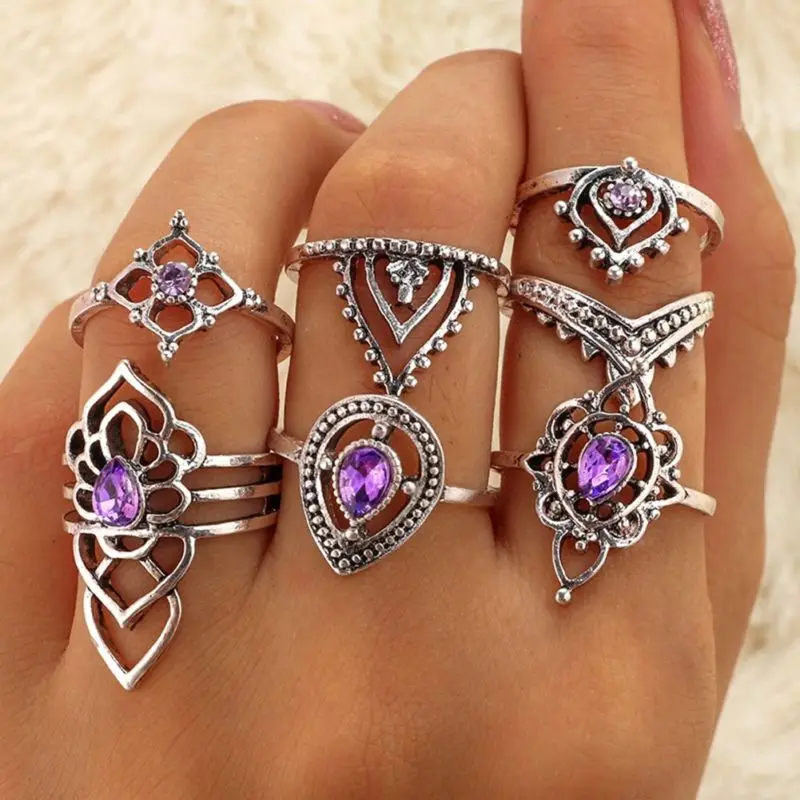

Vintage Cut Carved Purple Crsytal 7Pcs/Set Ring Geometric Joint Ring Combination Set Women Knuckle Ring Jewelry