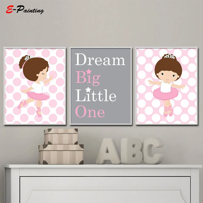 Baby Girl Nursery Art Prints Ballerina Dream Big Little One Pink and Grey Lovely Canvas Painting Pictures Kid Bedroom Poster | Дом и сад
