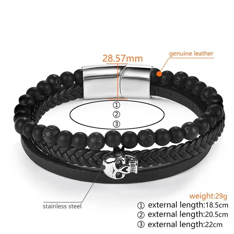 

Jiayiqi Punk Men Skull Braid Bracelet Multilayer Leather Natural Stone Beaded Bangle Stainless Steel Magnetic Clasp Male Jewelry