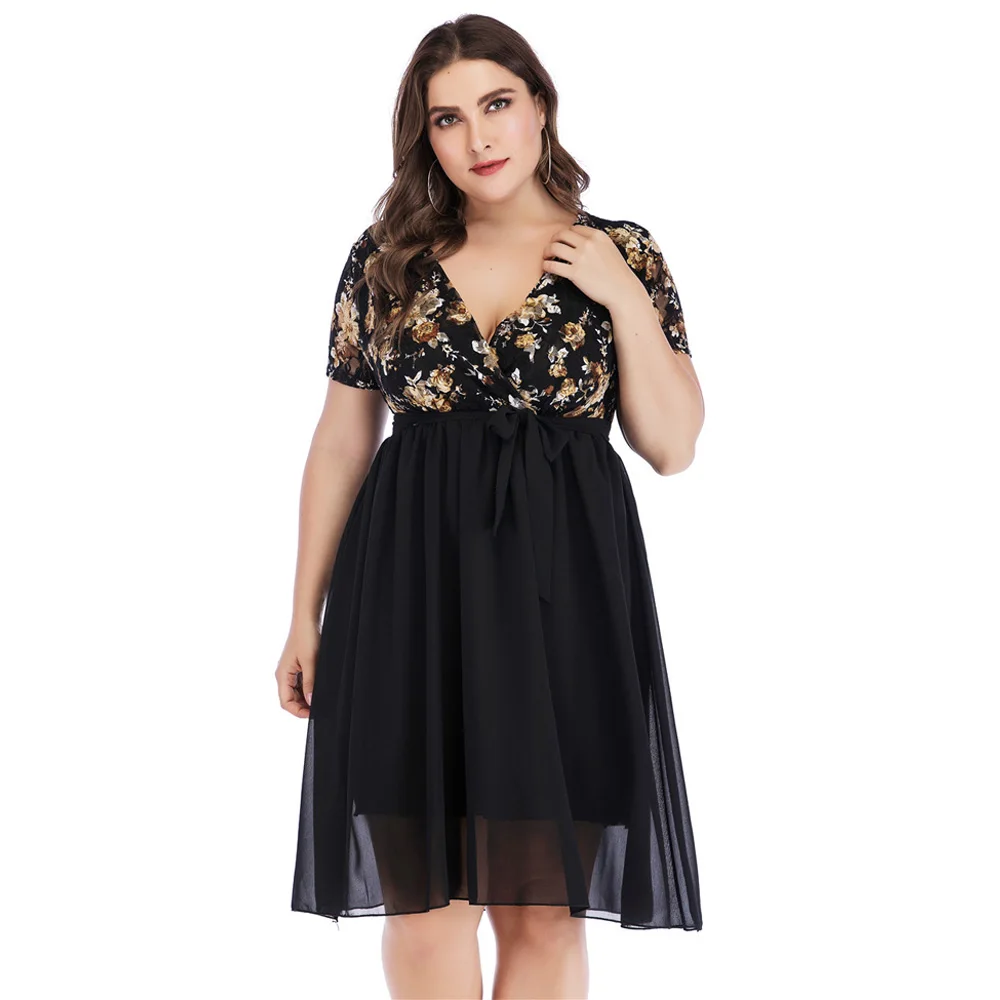 Wipalo Women Plus Size 5XL Floral Print Lace Stitching Chiffon Dress Plunging Neck Short Sleeve A Line Summer Party Vestidos | Женская
