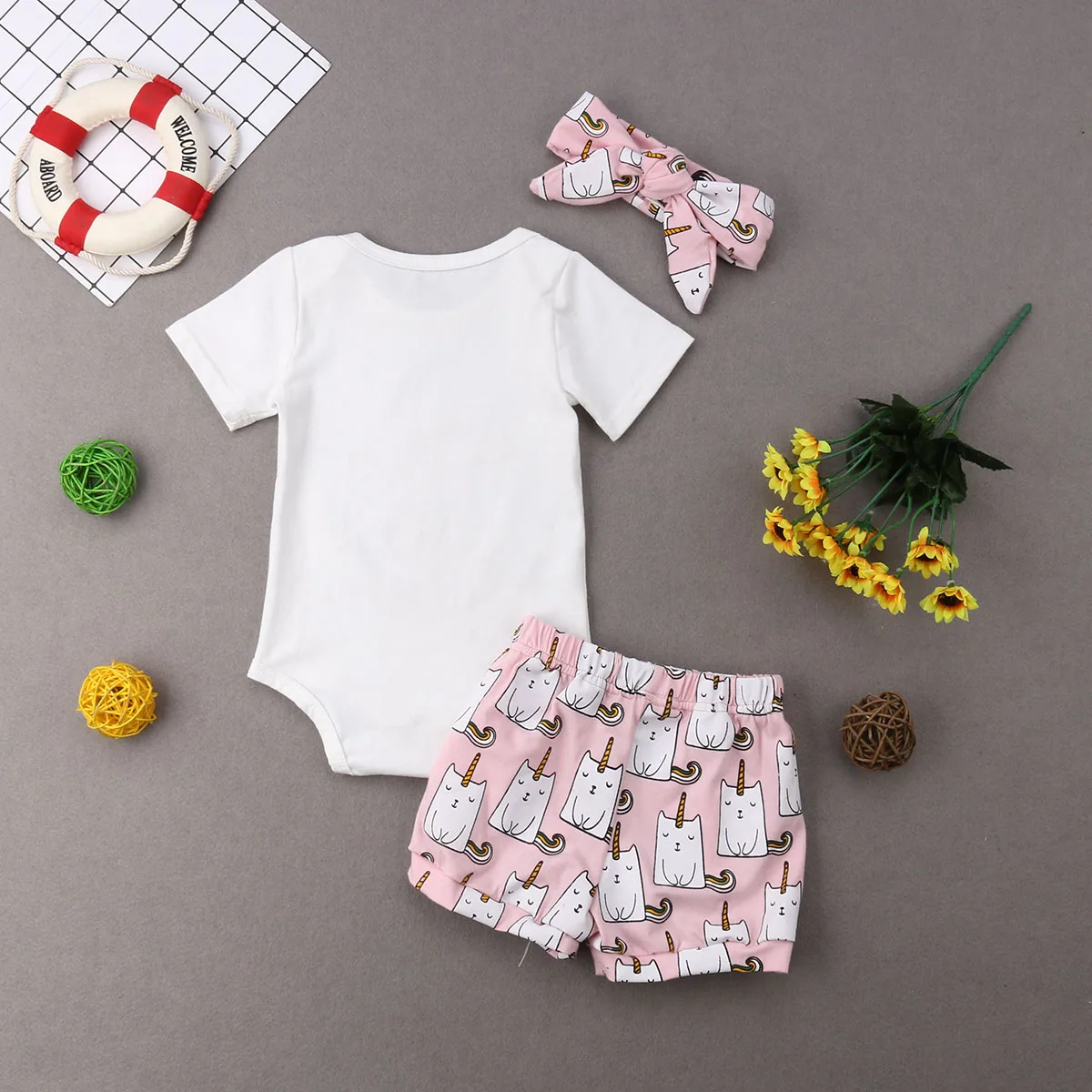 0-3Y Summer Cute Infant Kids Baby Girls Boys Clothes Sets Cartoon Print Short Sleeve Romper Tops+Shorts+Headband | Детская одежда и