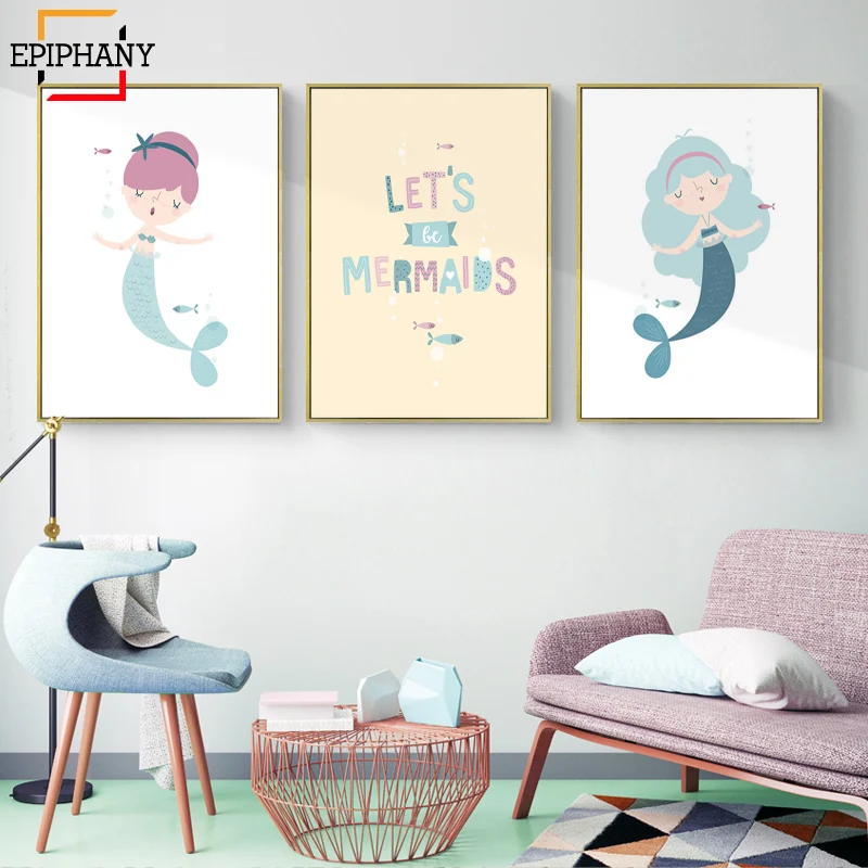

Mermaid Nursery Wall Art Canvas Painting Baby Girls Room Decor Lets Be Mermaids Posters and Print Kids Wall Paintings Pictures