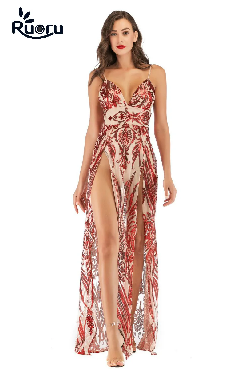 

Ruoru Night Club Elegant Vestidos De Festa Women Sexy Dresses Red Shiny Sequin Long Evening Maxi New Year Party Dress Runway