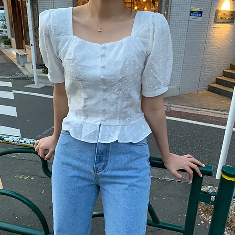 SISPELL Summer Solid Women's Shirt Square Collar Short Sleeve Button Ruffles Slim Blouse Top Female Fashion New Tide Korean 2019 |