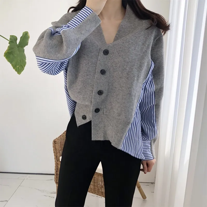 GALCAUR Patchwork Striped Sweater For Women Long Sleeve Asymmetrical Cardigans Female Jumper Fashion 2018 Autumn New |