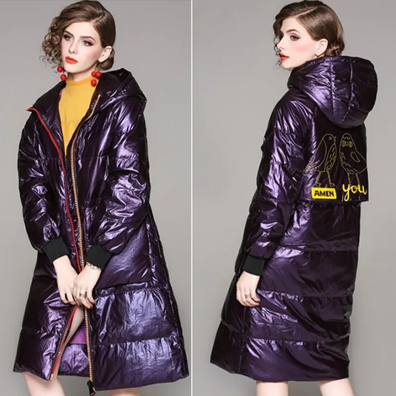90% White Duck Down Long Jacket Windproof Parka 2018 Fashion Glossy Hooded Women Winter Coat Plus Size Feather Overcoat Ls224