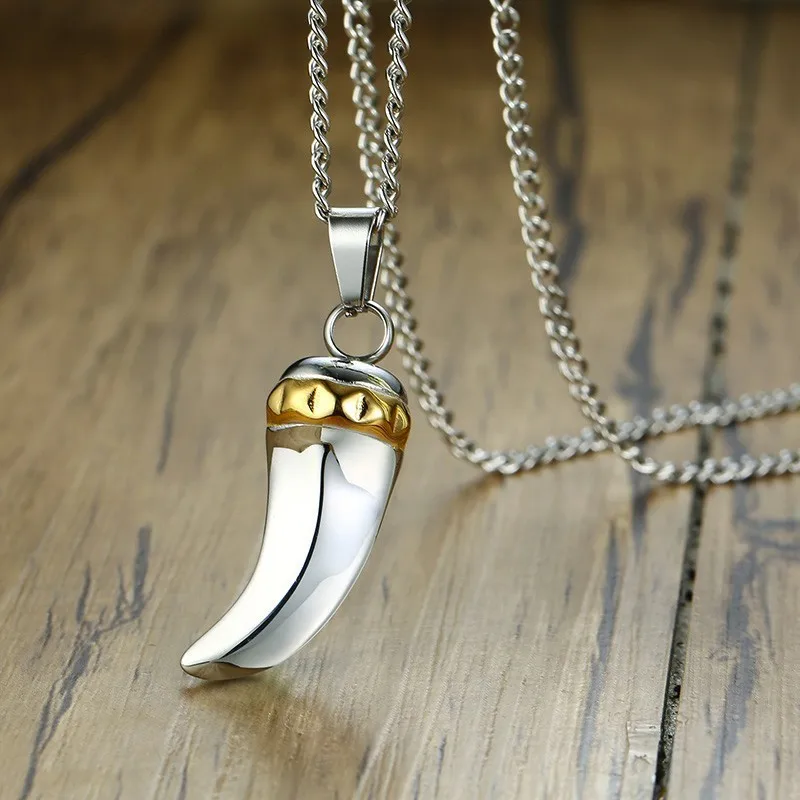 

Men Stainless Steel Two Tone Shark Tooth Wolf Teeth Pendant Necklace Punk Style Trendsetter Jewelry