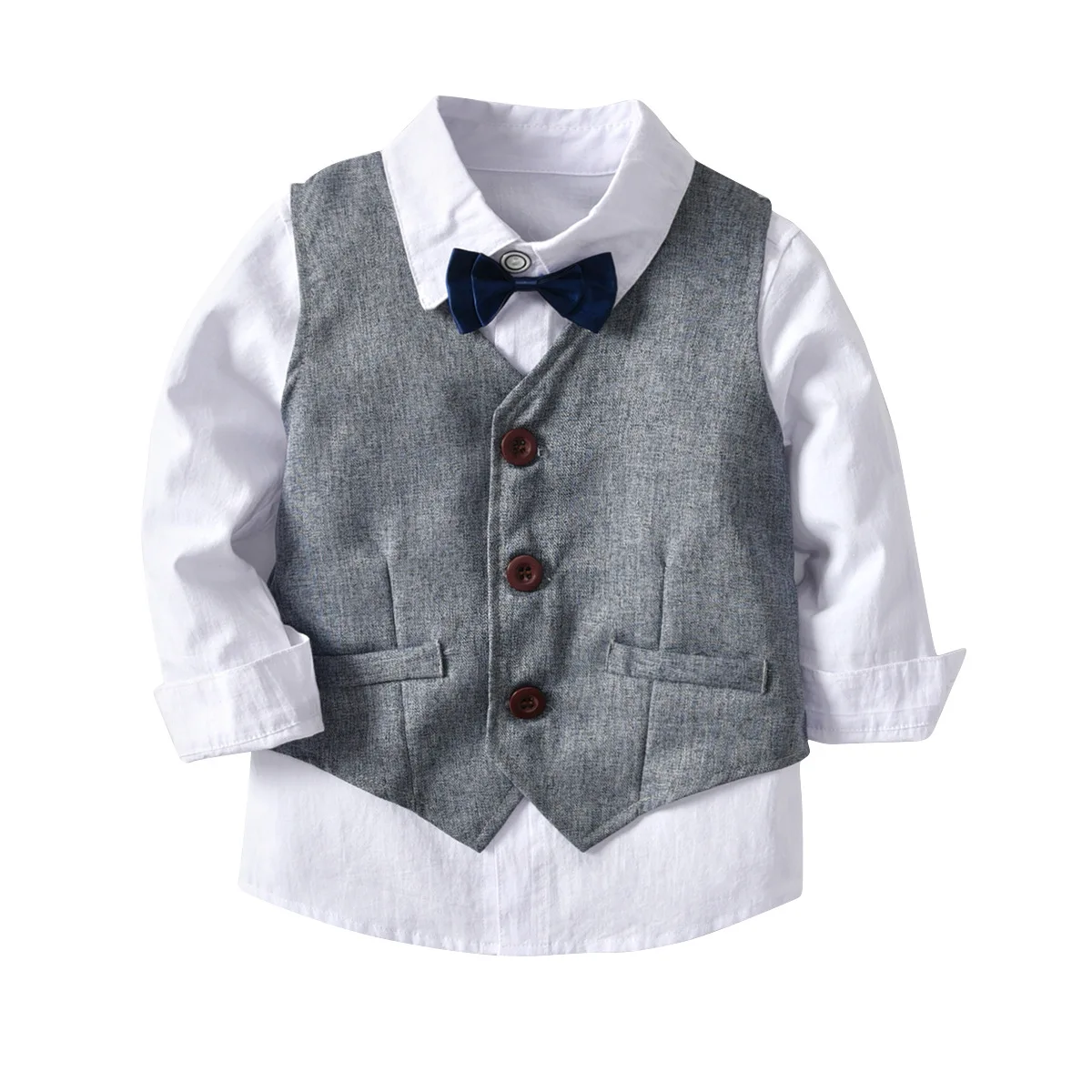 4pc Cotton Children Clothes Set White Long Sleeves T-shirt+ Vest+Bow Ties+Gray Pants Boys Gentlemen Costume Suits 2-6T |