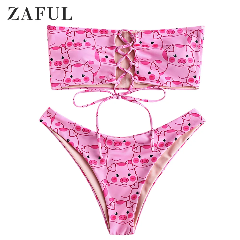 Женский купальник бикини ZAFUL с принтом поросенок на шнурках|Купальники| |