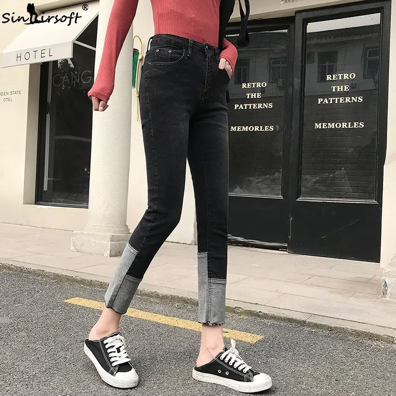 Spliced High Waist Straight Jeans Women 2019 New Fashion Street Plus Size Wide Leg Pants Vintage Denim Patchwork | Женская одежда