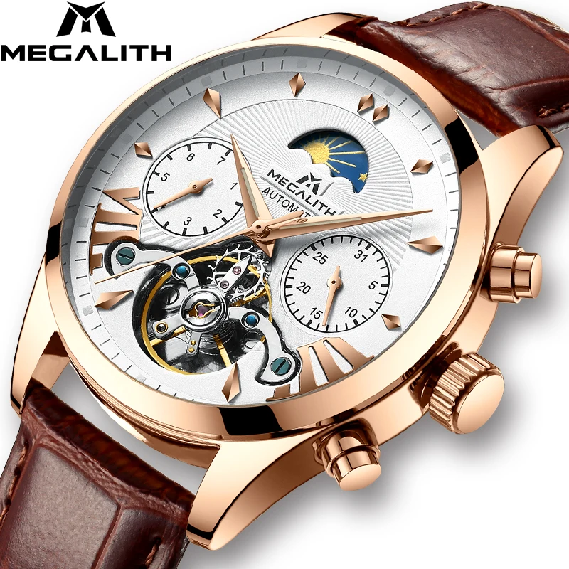 MEGALITH Модные мужские автоматические механические часы Tourbillon кожаные