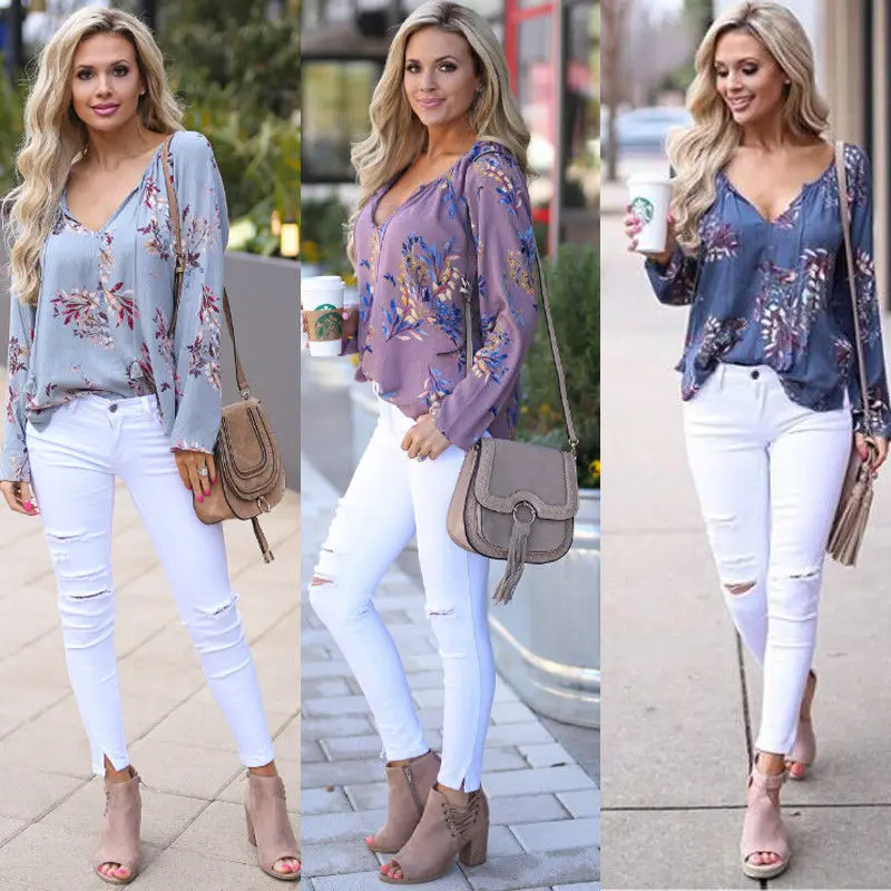 Женская Шифоновая Блузка Boho свободная рубашка с длинным рукавом и цветочным