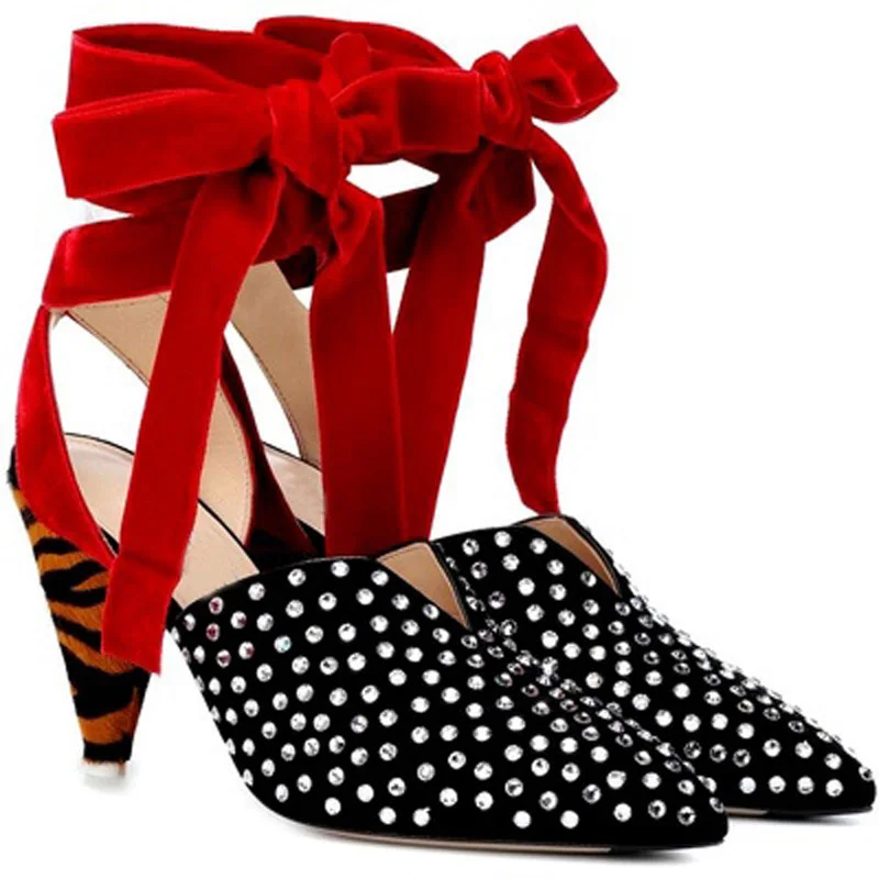 

Сандалии женские в римском стиле с металлическими заклепками и шипами, босоножки-гладиаторы на высоком каблуке с полосками зебры, красные б...