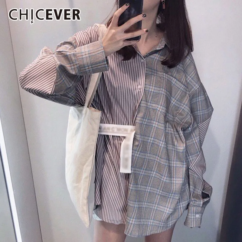 CHICEVER клетчатая блузка в полоску женские рубашки-топы с отворотом рукав летучая