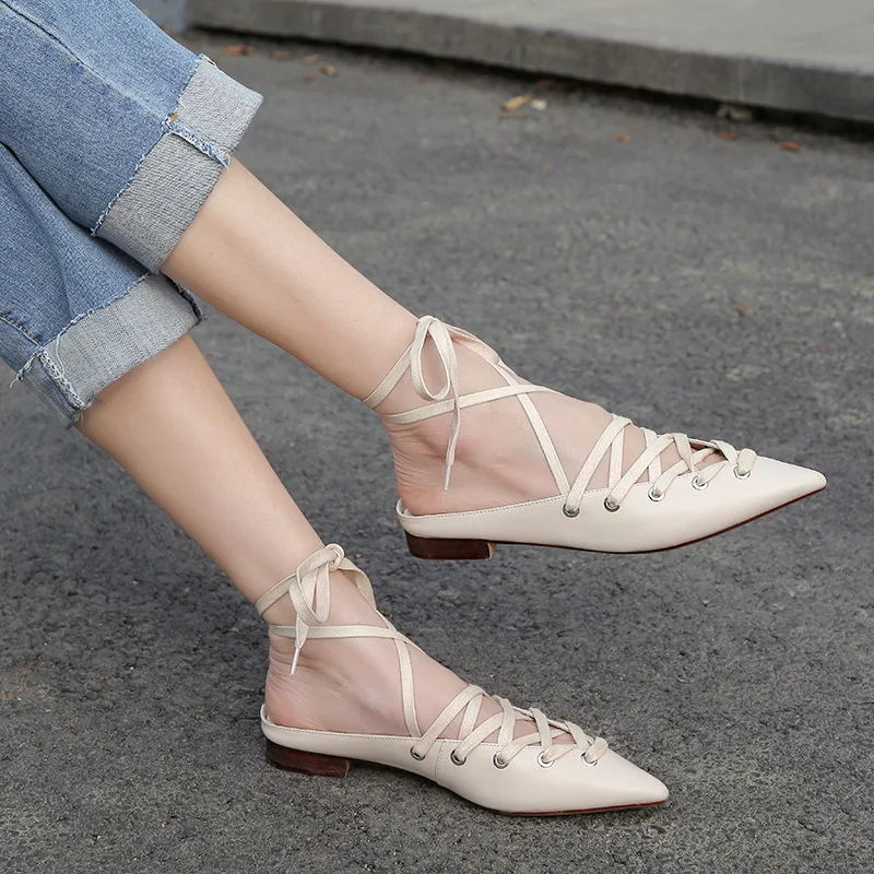 Murah Moraima Snc New Fashion Youth Trend 2019 Desain Sepatu Tunggal Musim Semi Musim Panas Fashion Pointed Toe Lace-Up Girls Hitam/Beige
