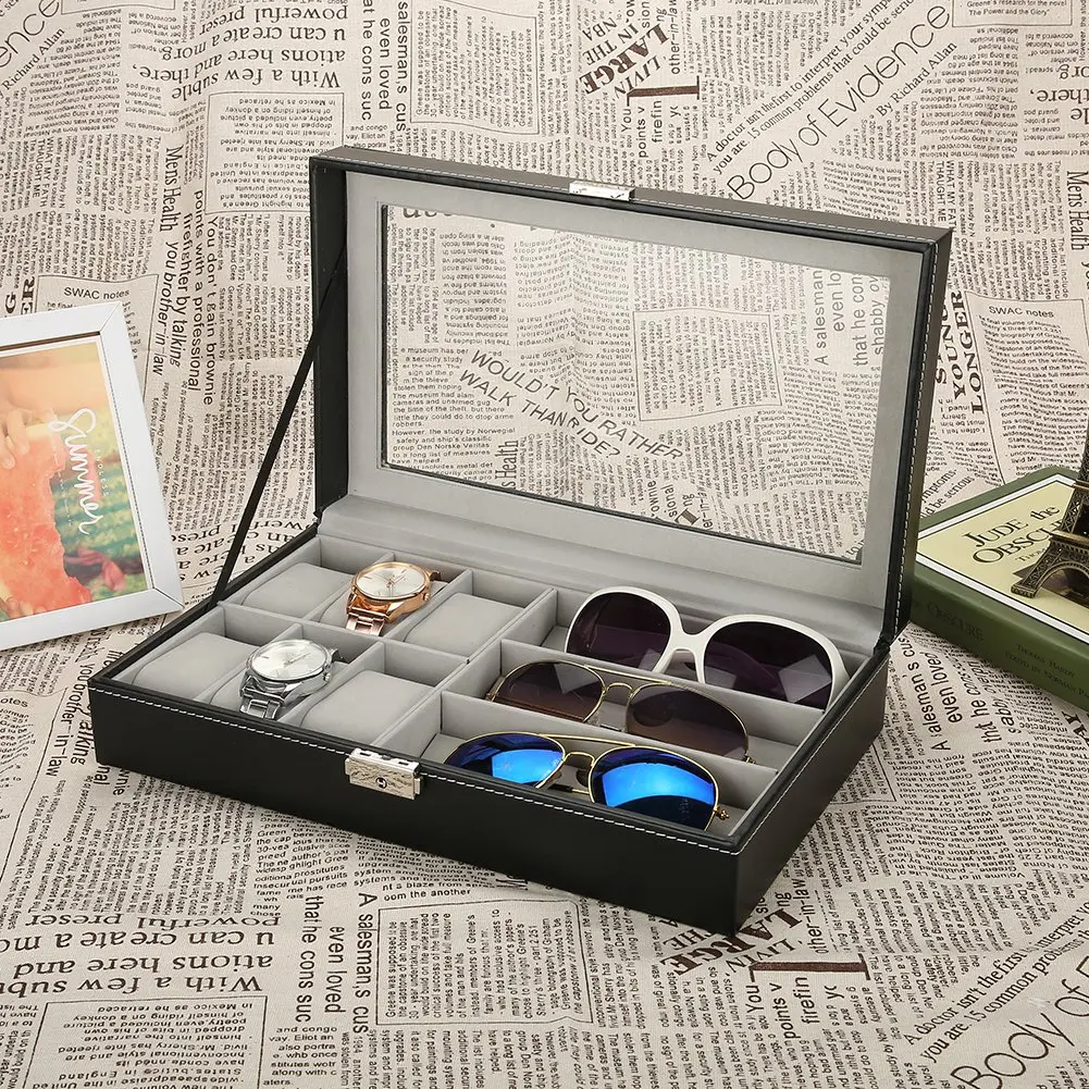 Simple 3 Grids Glasses 6 Cell Watch Display Storage Box PU Leather Jewelry Organizer Case Holder for watch storage | Наручные часы