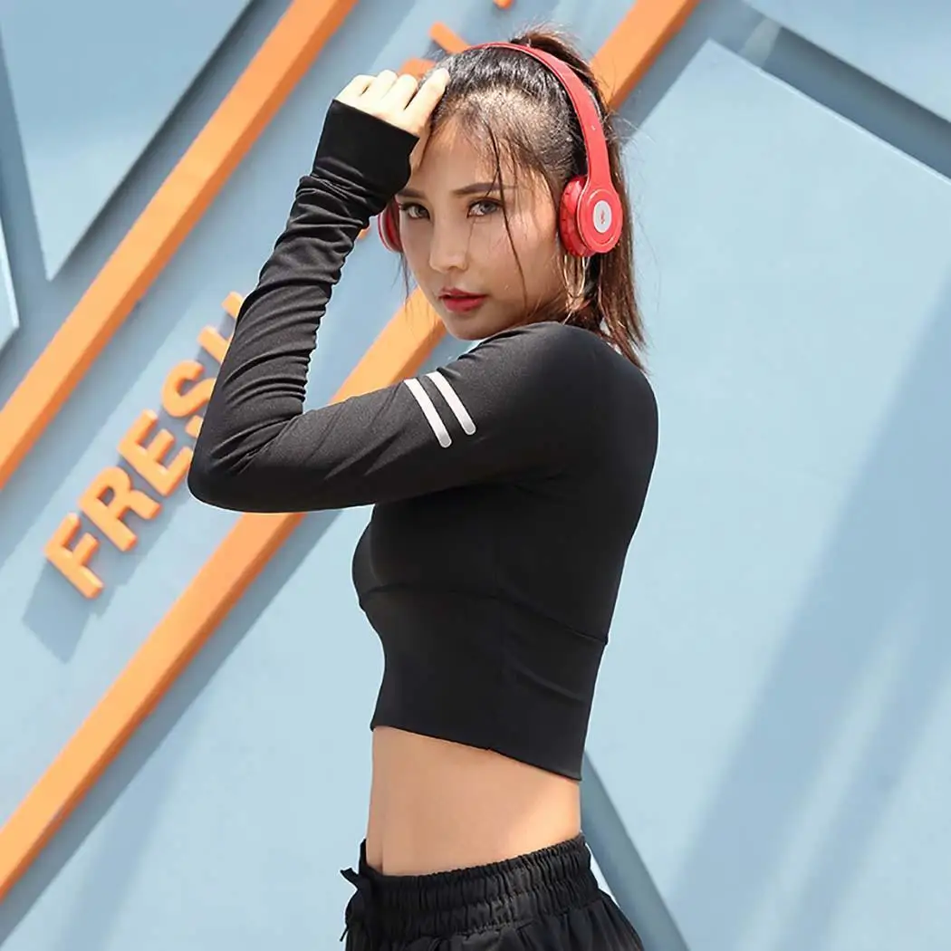 Women Casual Round Neck Long Sleeve Reflective All Seasons Causal Crop Top Solid Slim Black Shirt | Женская одежда