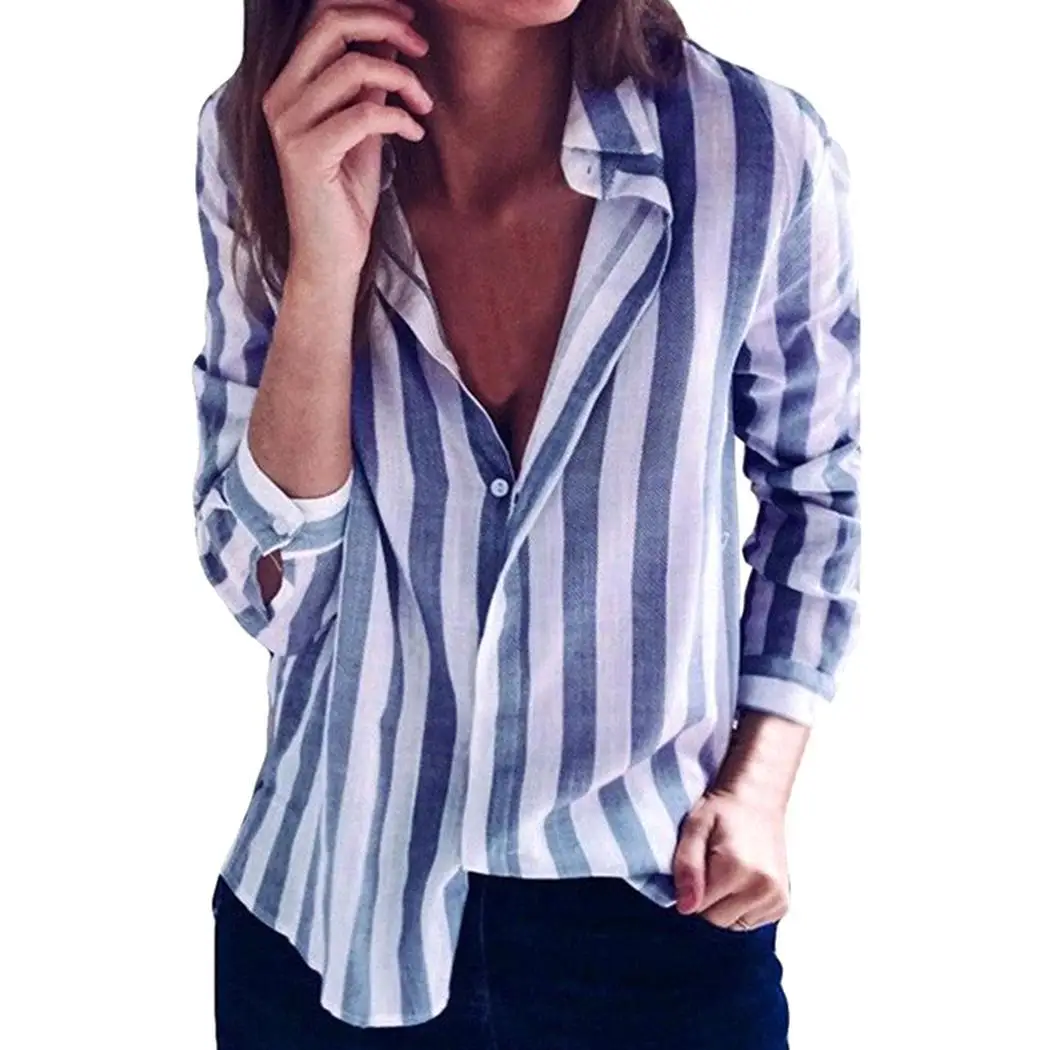 Women Casual Turn-down Collar Long Sleeve Loose Summer Striped Regular Single Breasted Shirt |