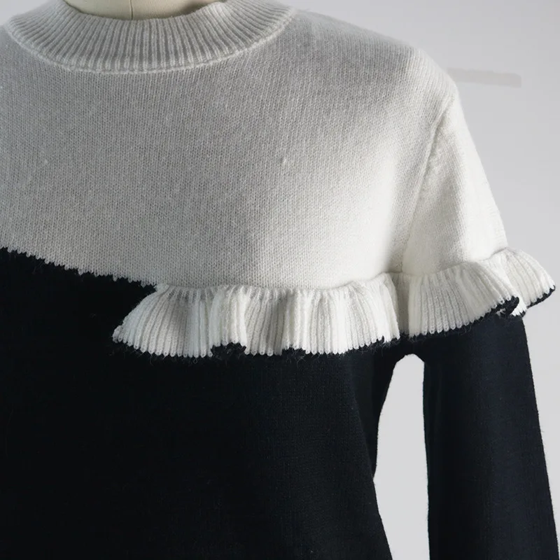 Black White Contrast Color Ruffles Sweater Woman Casual O Neck Long Sleeve Patchwork Pullovers Tops 2018 Wool Knitted Sweaters | Женская