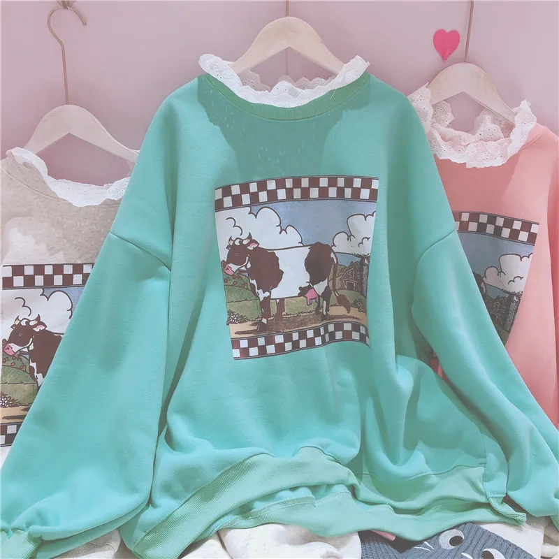 Kawaii/женские толстовки с кружевной вышивкой толстый бархат Корейская Мягкая