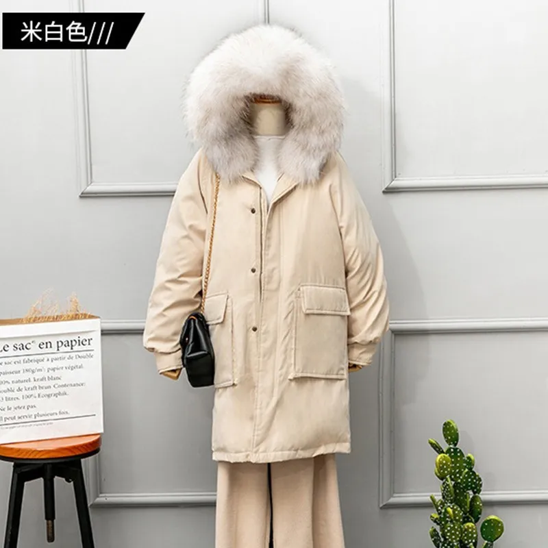 Thicken Raccoon Hair Feathers Down Jacket White Fur Collar Winter Jacket Women Loose Long Parka Section Feather Overcoat Ls181