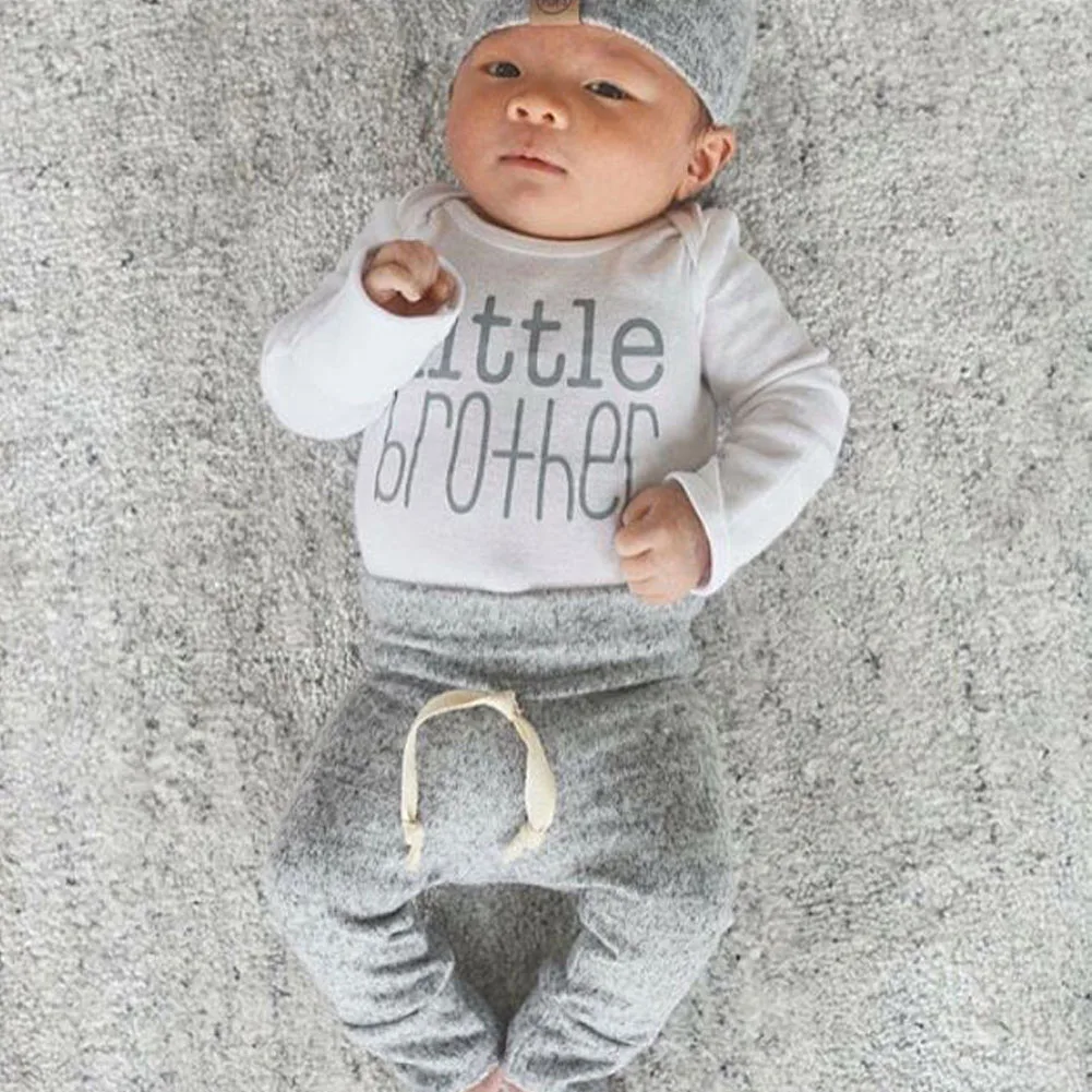 3 pieces Long sleeve Little Brother Print Bodysuit Solid Pant Set For Baby Boy Spring Autumn Clothes |
