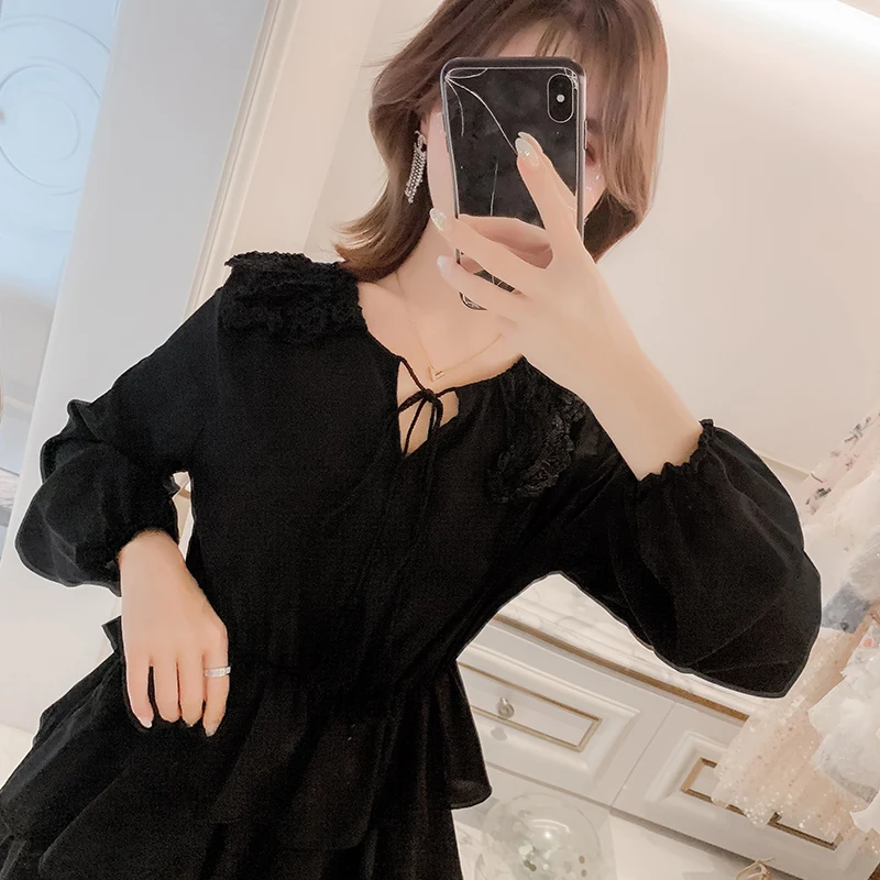 

2019 New Spring Preppy Style Women dress Peter pan Collarlt A Cake Literature And Art Dresses White Black 3296