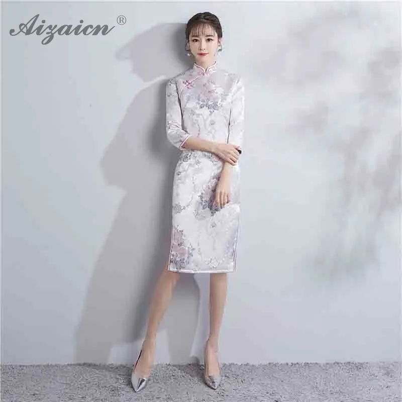 Весеннее жаккардовое плетение гобелен Атлас Qipao вышивка длинное китайское