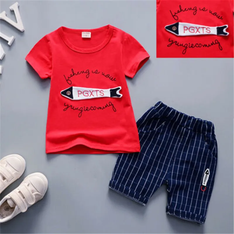 2019 New Baby Kids Clothes Set 2pc/Set Short Sleeves Tshirt White Yellow Red T-Shirt Tops Blue Pants Born Clothing |