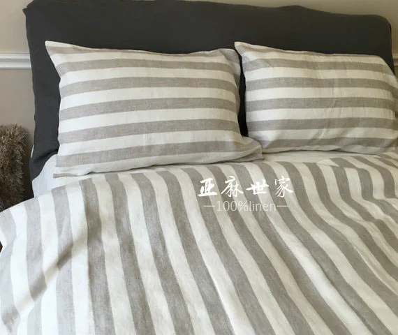 

1M Stripe Pure Linen fabric Enzyme Soft washed yarn dyed stripe 165gsm Weight 110inch (280cm) width 4cm grey and ivory stripe