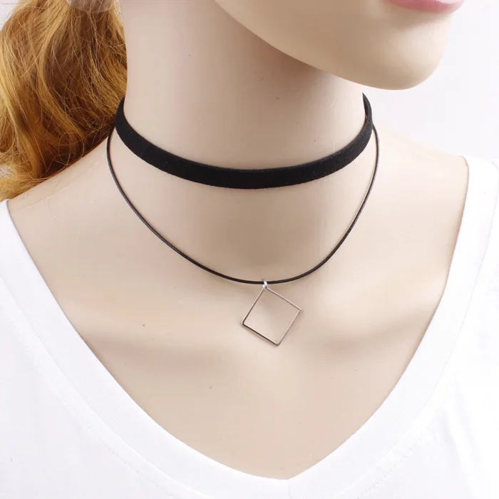 New Pattern Korean Restore Ancient Ways Concise Suede Leather Maɺm Multi-storey Clavicle Chain Geometry Pendeloque Cut Necklace |