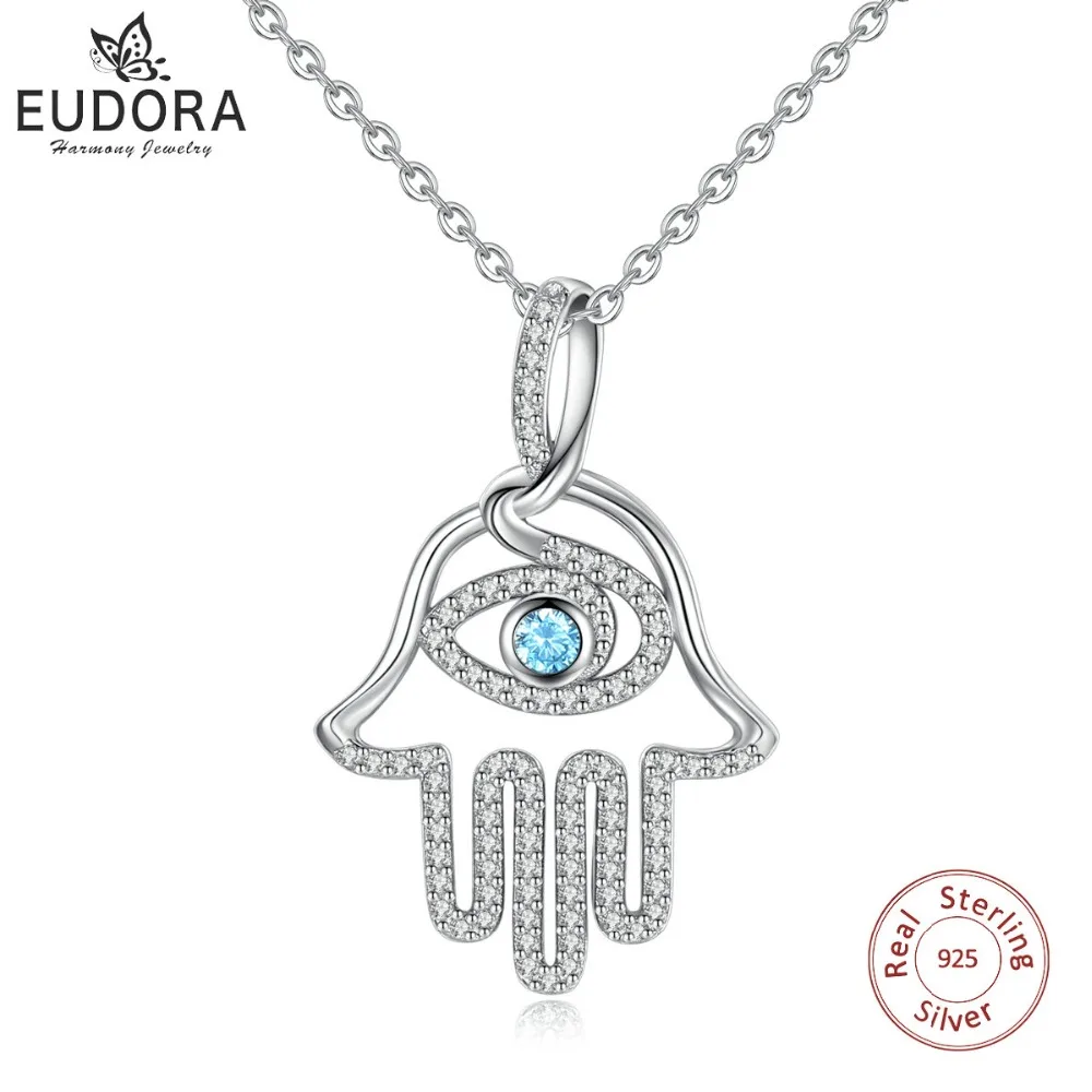 

EUDORA Real 925 Sterling Silver Hamsa Hand& Blue CZ evil eye Pendant Necklace Good Luck Charm Fine Jewelry Anniversary Gift D340