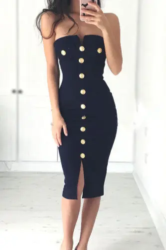 Women Ladies Bodycon Sleeveless Sexy Party Dress Button Solid Strapless Knee-Length Pencil | Женская одежда