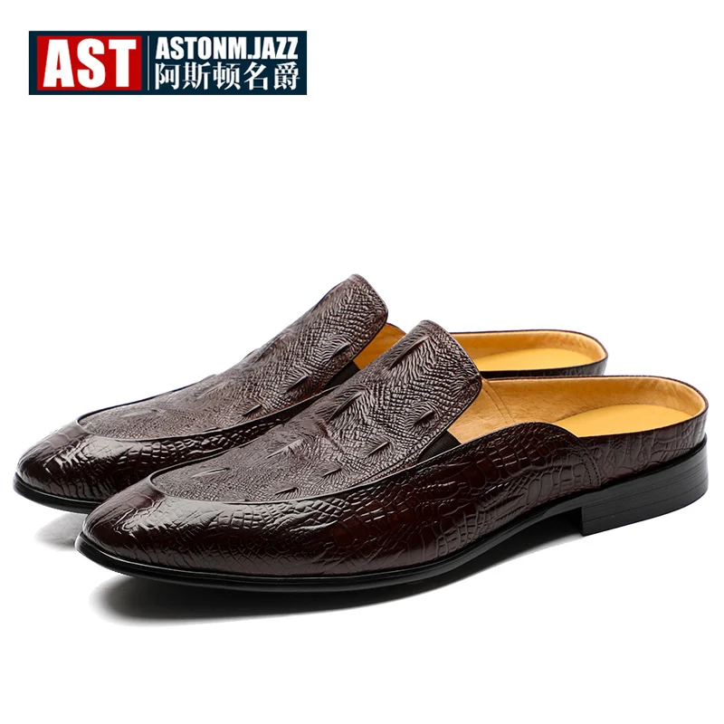 US6-11 Full Grain Leather Casual SLIP-ON New Men Penny Loafer Crocodile Pattern Mules Open Back Slippers Designer Shoes | Обувь