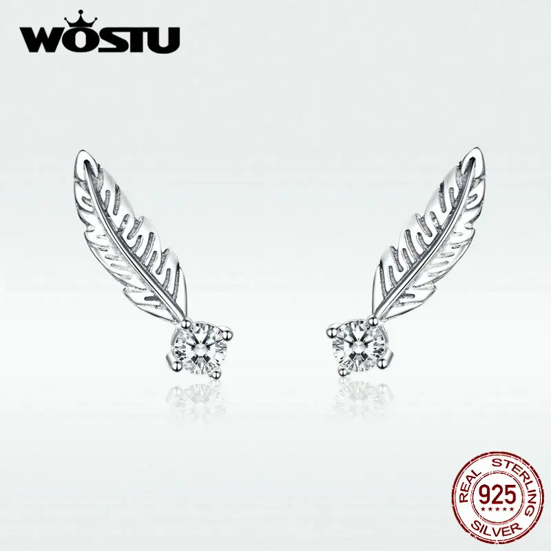 Женские серьги-гвоздики с перьями WOSTU оригинальные из стерлингового серебра 925