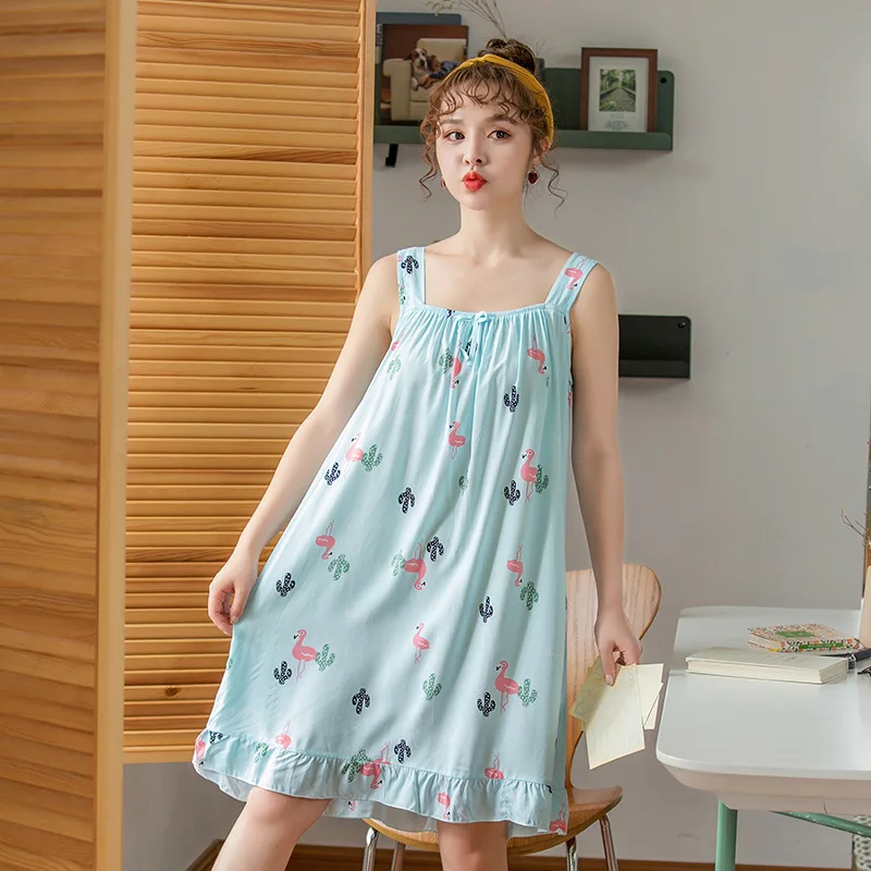 2019 летняя Милая Ночная рубашка без рукавов с принтом для женщин хлопковые
