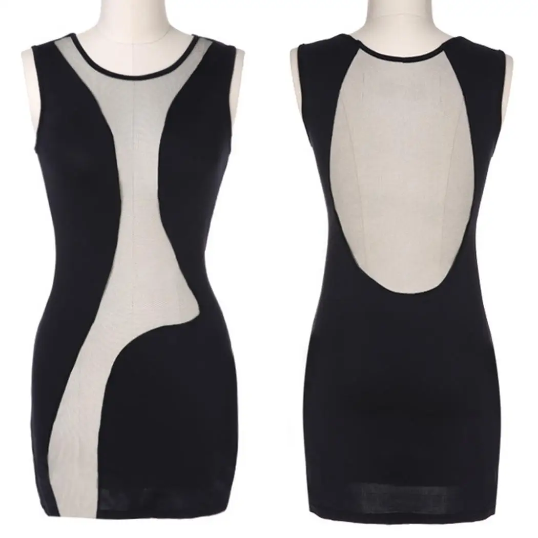 Women Casual O-Neck Sleeveless Solid Mesh Patchwork Slim Mid Waist Sexy Above Knee Bodycon Dress Summer | Женская одежда