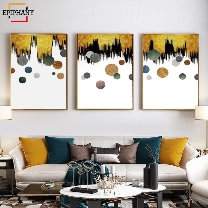

Modern Painting Nordic Posters and Prints Abstract Gold Yellow Round Canvas Painting Wall Pictures for Living Room Hallway Decor