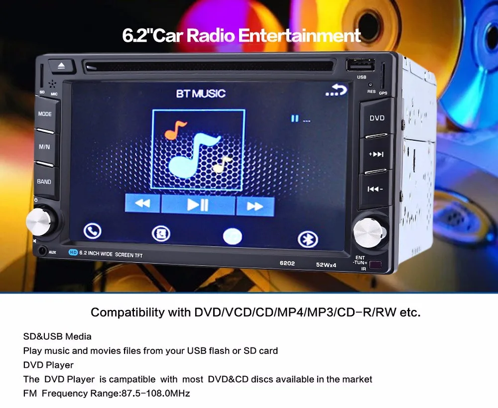 Вызова в режиме свободных рук 6202B 6 2 дюймов Bluetooth V3.0 авто радио двойной