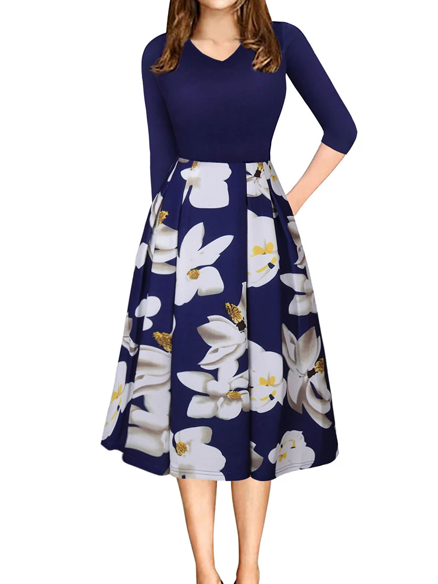 Women Ladies Elegant 3/4 Sleeve Floral V-neck Midi Dress Cocktail Party | Женская одежда