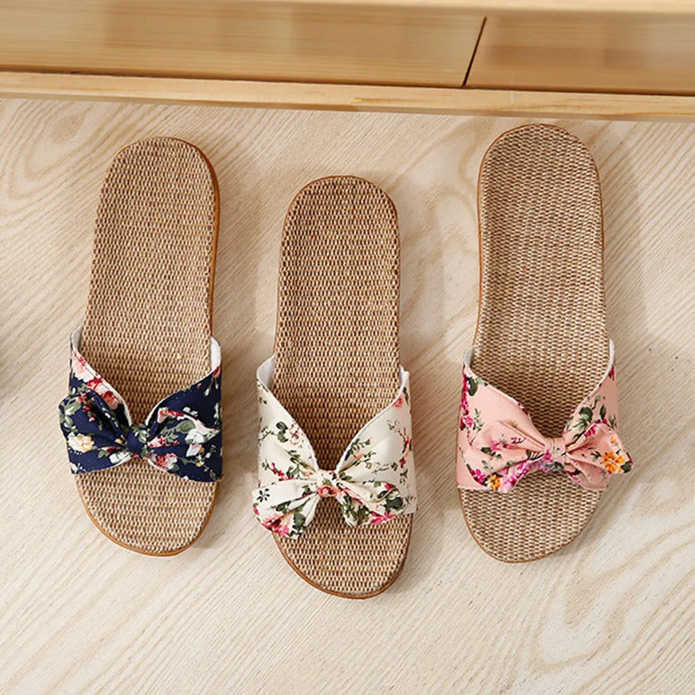 Летние льняные домашние тапочки с цветами и бантом женские пляжные удобные на